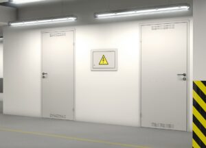 Drzwi techniczne w przestrzeni przemysłowej z oznaczeniem elektrycznym.